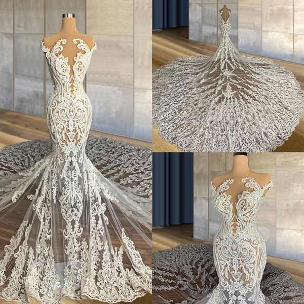 

2022 gorgeous mermaid wedding dresses bridal gown lace applique illusion bodice sleeveless chapel train backless custom made country vestido, White