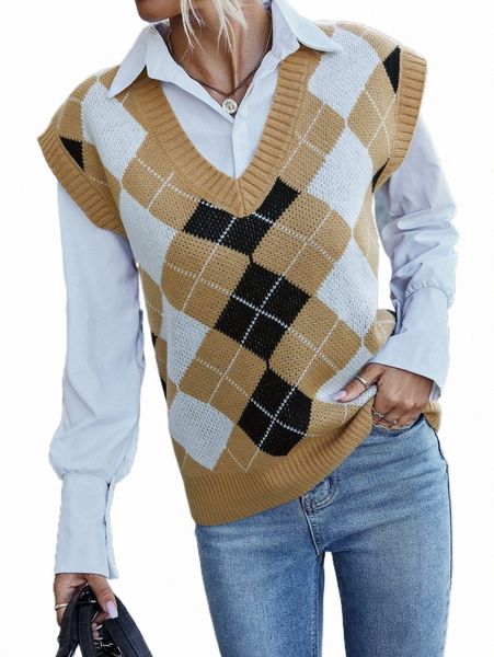 

women's sweaters 1pc argyle pattern sweater vest t5kr#, White;black