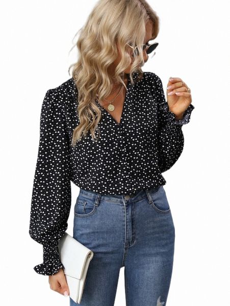 

women's blouses & shirts allover heart print v-neck blouse j2vh#, White