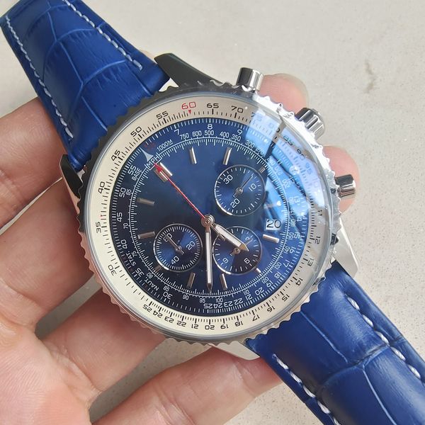 

blue dial 46mm luxury watch quartz chronograph breit and ling mens watches luminous red hands ab01211b1b1a1 wristwatches with all sub dial w, Slivery;brown