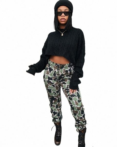 

women's pants & capris green camouflage print street style cargo pant women high waist sporty workout long trouser hip hop female loose, Black;white
