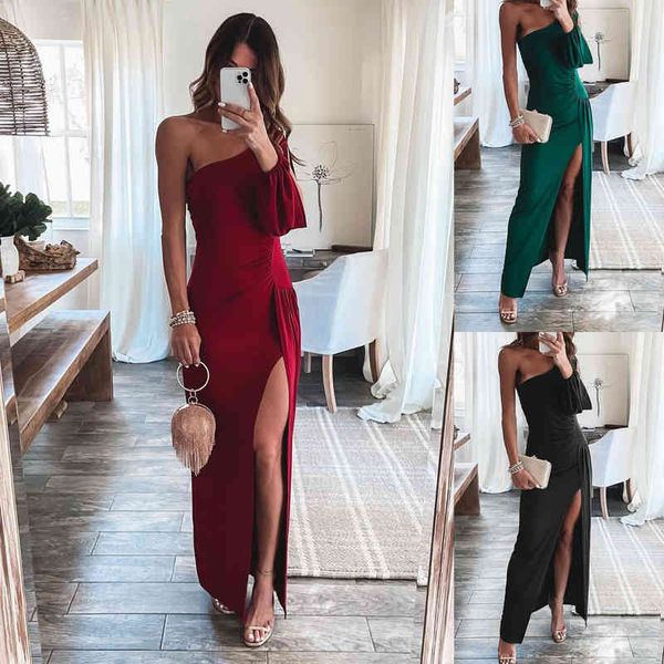 

casual dresses spring and summer diagonal shoulder split dress ins casual party fashion kuzx, Black;gray