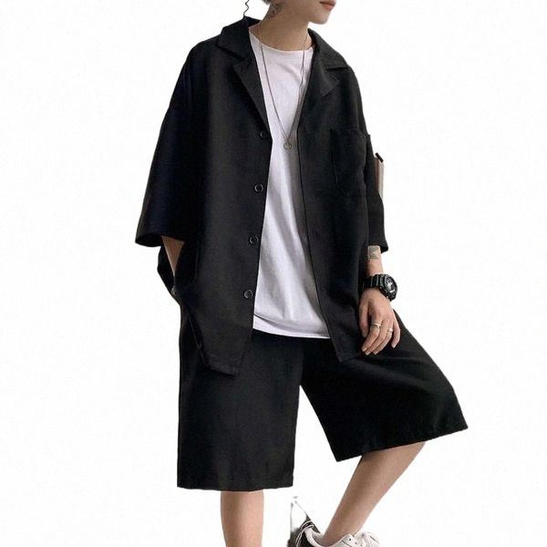 

men's tracksuits men's tracksuits summer handsome shirt jacket korean men casual loose suit business blazer coat and pants male st, Gray