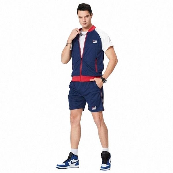 

men's tracksuits men's tracksuits summer men's sports suit jogging short sleeve zipper t-shirt waist elastic fitness shorts s, Gray
