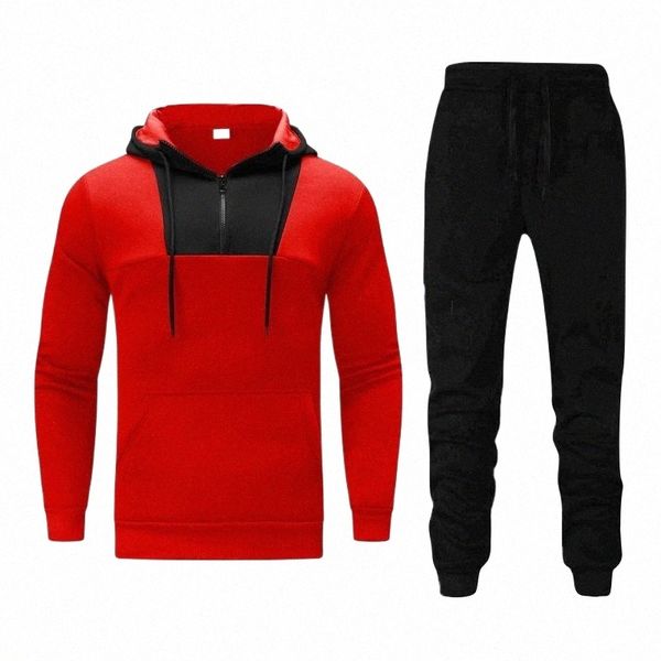 

men's tracksuits men's tracksuits autumn and winter two-piece suit sports leisure neckline zipper color matching sweater mens clot, Gray