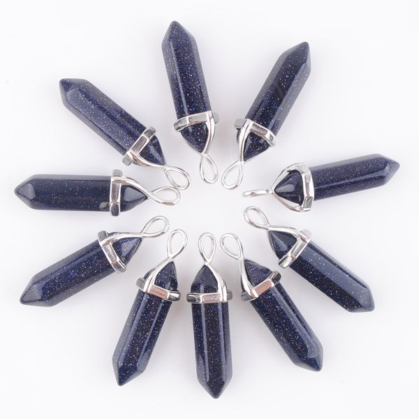 

pendant natural blue sand semi-precious stones bullet hexagon point pendulum column reiki healing chakra jewelry n3036, Silver