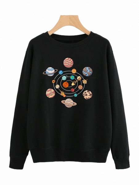 

women's hoodies & sweatshirts planets print drop shoulder sweatshirt 84pf#, Black