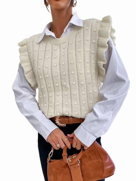 

women's sweaters ruffle trim sweater vest without blouse c1tc#, White;black