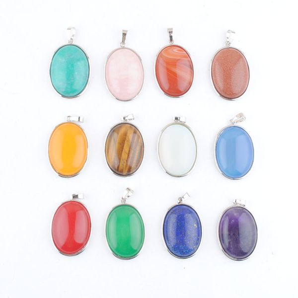 

natural stone pendant oval bead for necklace jewelry making rose quartzs agates amethysts lapis lazuli bn471, Silver