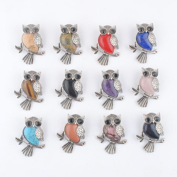 

vintage copper plated owl cute pendant natural stone amethysts jades lapis opalcrystal for jewelry making necklace bn494, Silver