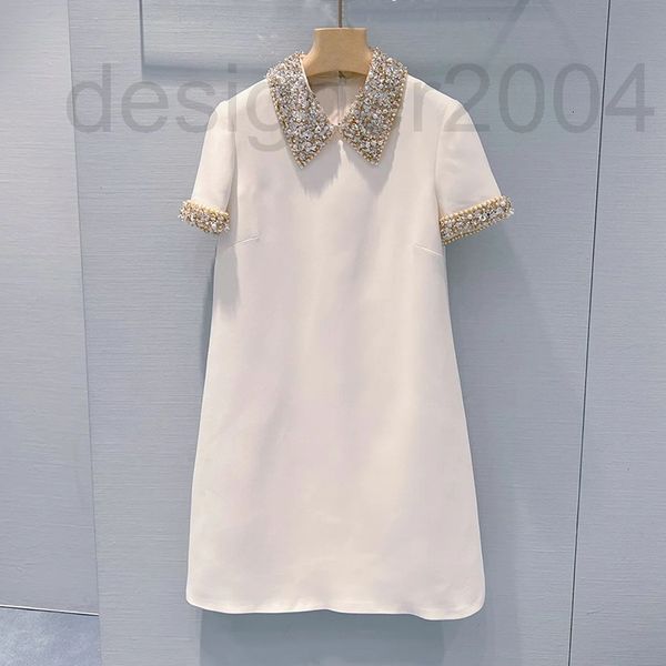 

casual dresses designer miu white dress luxurious handmade diamond studded pearl celebrity temperament skirt lapel slim a-line summer miao q, Black;gray