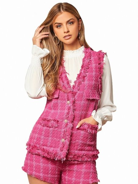 

women's down & parkas fringe trim dual pocket tweed vest overcoat w08i#, Black