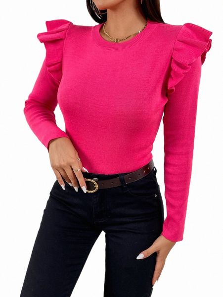 

women's sweaters ruffle trim round neck sweater j7vb#, White;black