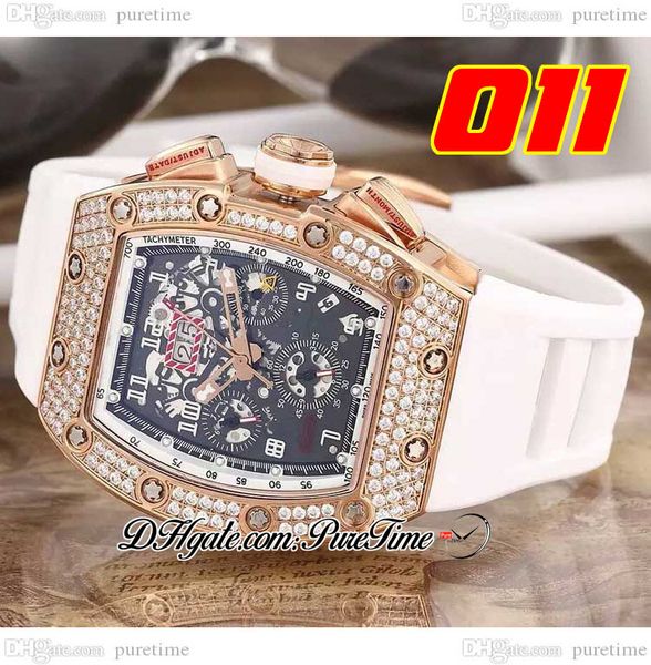 

011 a21j automatic mens watch rose gold diamonds bezel black skeleton dial big date white rubber strap 5 styles watches puretime c3, Slivery;brown