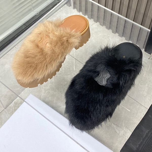 

slipper designer slides women sandal print flat mule designers flip flops fashion luxury furry slippers winter luxury wool platform mules wa, Black