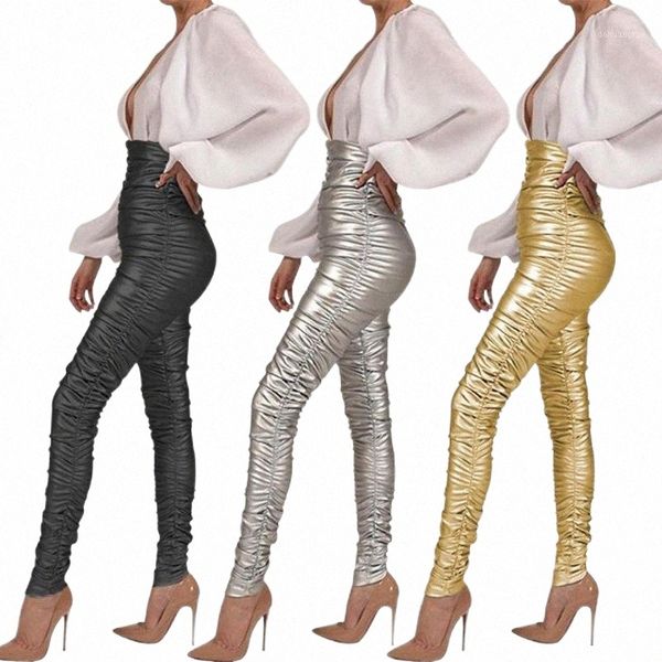 

women's pants & capris women bodycon pants clubwear high waist black gold silver elastic pleated female pencil legging trousers plus si, Black;white