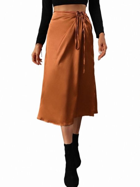

skirts satin knot front split thigh skirt 2022 new p8p6#, Black