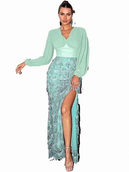 

casual dresses missord lantern sleeve split thigh sequin fringe dress 72od#, Black;gray