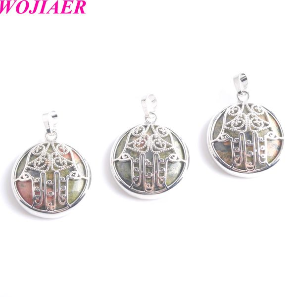 

natural stone pendant volcano metal alloy round hamsa hand amulet for jewelry making diy necklace accessories 28mm bw901, Silver
