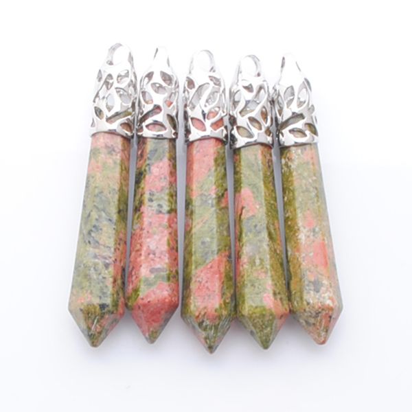 

natural unakite jaspers gem stone long wand point pendulum pendant hexagon healing chakra reiki pendant n3001, Silver