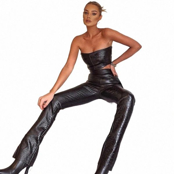 

women's pants & capris women pu leather fashion strapless crop and long pants two piece sets club party outfits matching set spring wom, Black;white