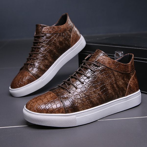 

British Ankle Boots Men Shoes Classic Flat Heel Round Toe Lace Up Crocodile Pattern PU Fashion Casual Street Daily AD139, Clear