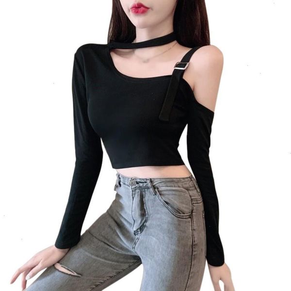 

women slim irregular off shoulder o-neck long sleeve t-shirt korean, White