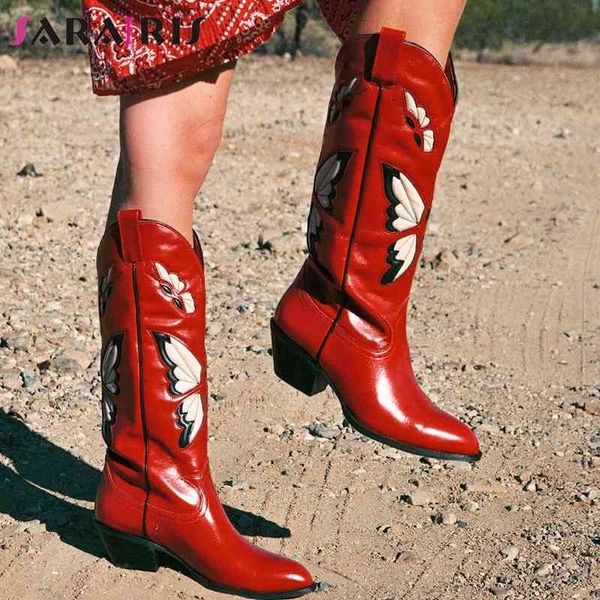 

boots brand new 2022 autumn winter women's western mid calf boots chunky heels butterfly cowgirl cowboy long boots shoes for woman 2209, Black