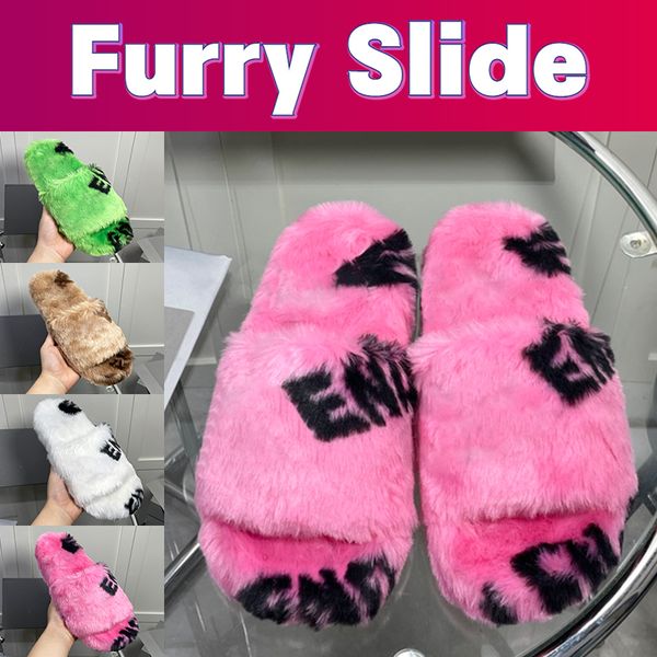 

luxury slippers women allover logo furry slide sandals designer men women shoes green pink black white beige ebony fashion mens plush sandal