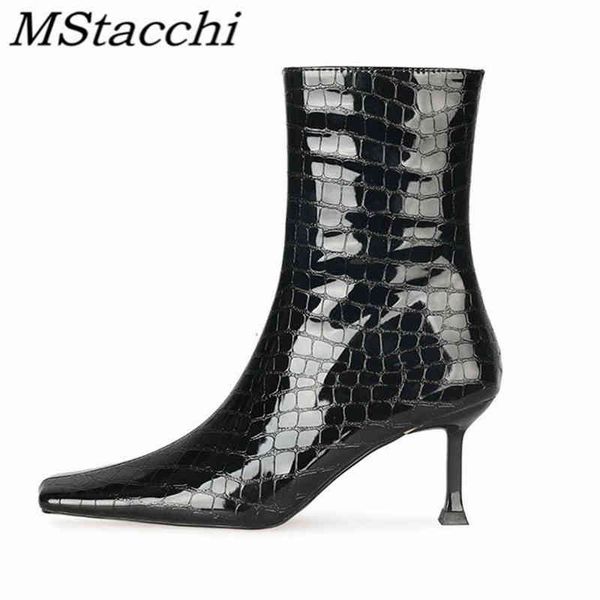 

boots mstapchi fashion women short thin heel crocodile print zipper sid square toe slip on shoes black middle calf femme 220903