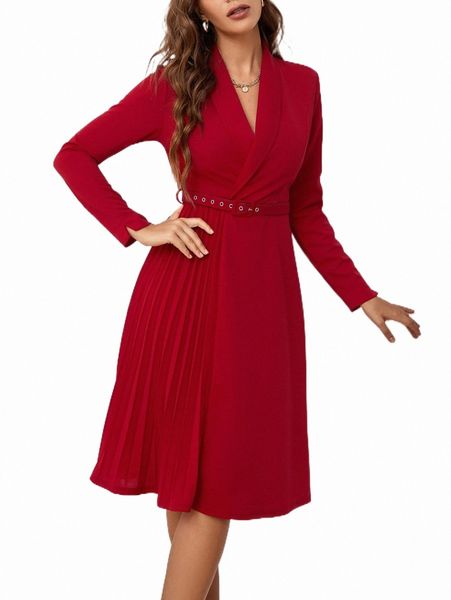 

casual dresses shawl collar pleated hem belted dress e2uf#, Black;gray