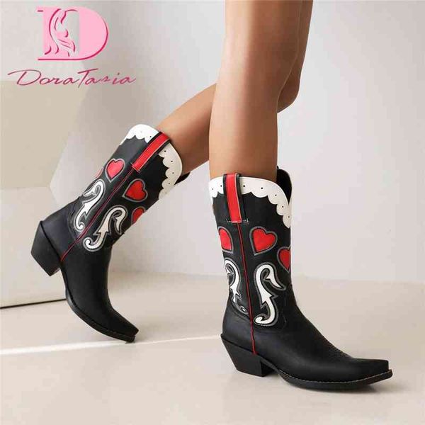 

boots brand new ladies chunky high heels western cowgirl boots fashion heart sewing women's boots casual party cowboy woman shoes 22090, Black