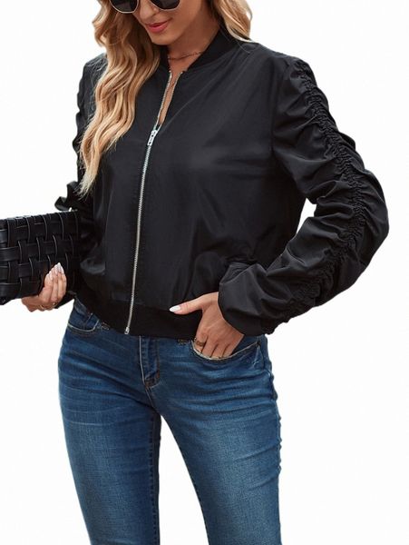 

women's jackets ruched sleeve zip up bomber jacket p2m1#, Black;brown
