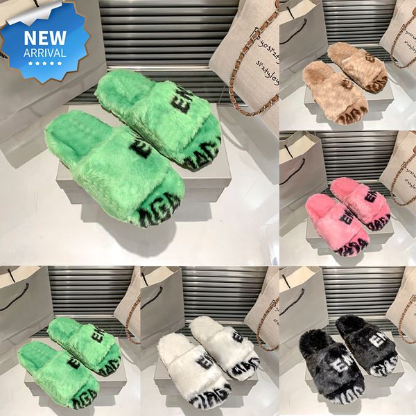 

with box men women slippers allover logo furry slide sandals designer shoes beige ebony green pink white black logo sandal flat fashion mens