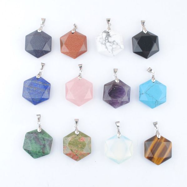 

reiki natural stone pendant female male jewelry faceted polygon shape opal tiger eye lapis pendulum amulet charms bn466, Silver