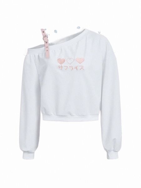 

women's hoodies & sweatshirts romwe kawaii heart & letter embroidery asymmetrical neck sweatshirt 86il#, Black