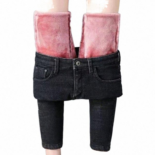 

women's pants & capris plus size stretch winter jeans women velvet fleeces inside thicken denim pants high waist warm trousers female s, Black;white