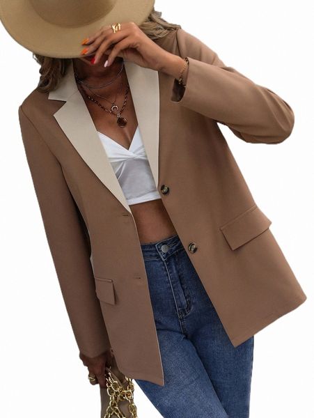 

women's two piece pants contrast lapel neck blazer b5d0#, White