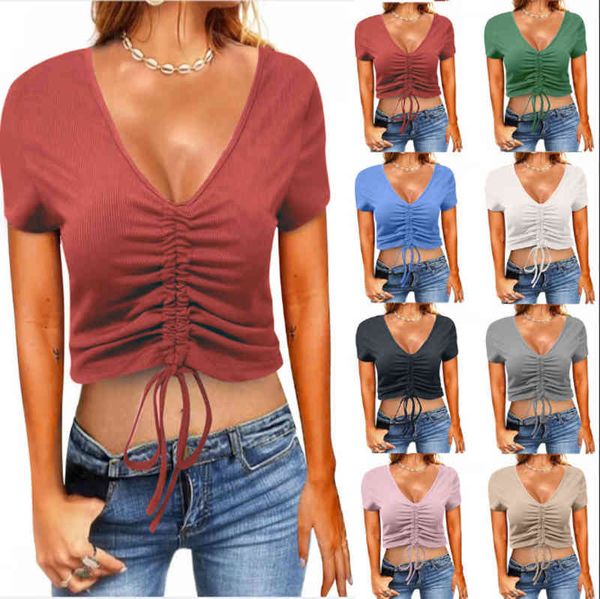 

women's hoodies sweatshirts summer women's sports drawstring slim fit t-shirt fashion v-neck pnys, Black