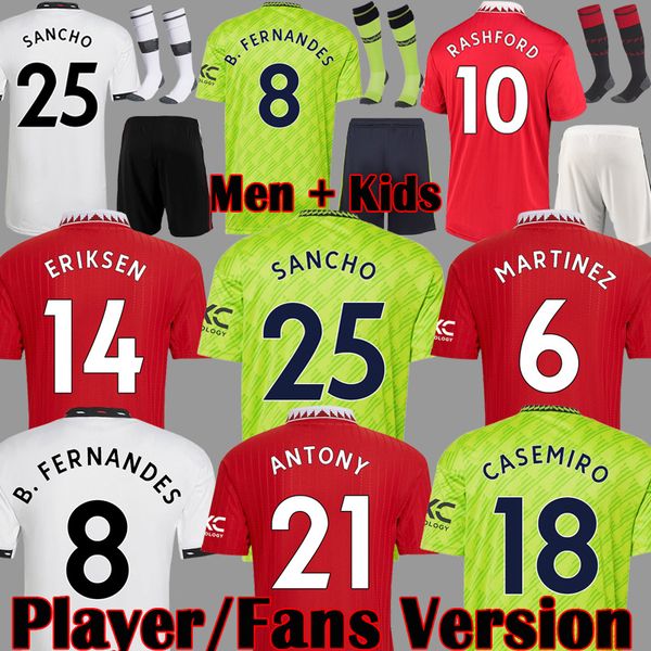 

2022 2023 sancho soccer jersey rashford player version fans antony mans utds football shirts manchesters fernandes eriksen 22 23 man kits ki, Black;yellow