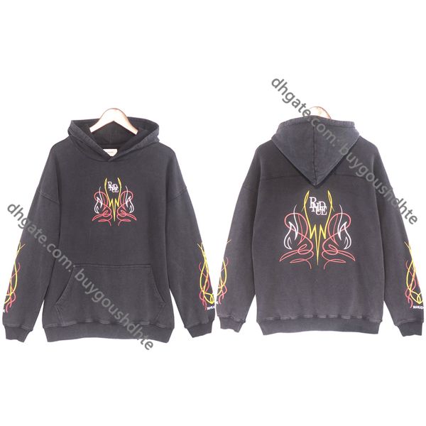 

2022 rhude hoodie vintage washed old heavy fabric sweatshirts men women colorful line butterfly print autumn winter pulloverre11, Black