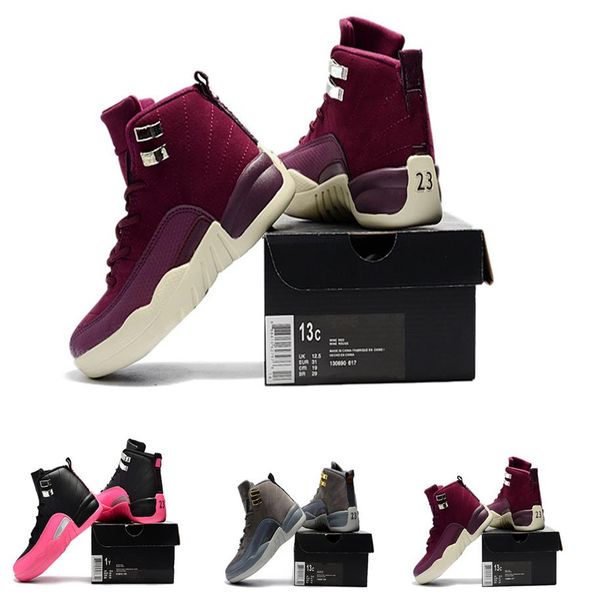 

12s bordeaux boy's girl's kid's basketball sports sneaker black deadly pink running shoes little kid big kids chi246h