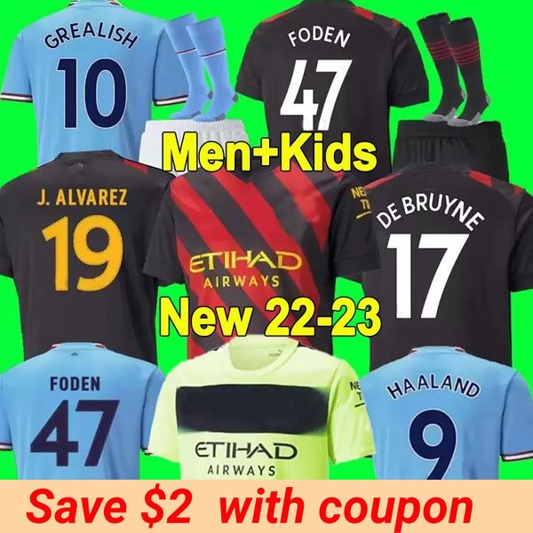 

22 23 haaland soccer jerseys grealish sterling mans cities mahrez fans player version de bruyne foden 2022 2023 football shirt kids kit set, Black;yellow