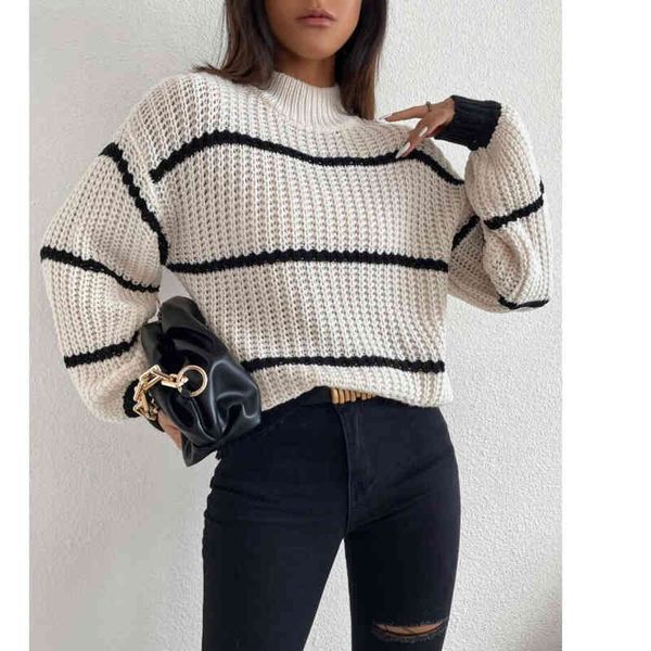

women's sweaters lantern sleeve cover temperament round neck striped knitted sweater women's new style in autumn and winter, White;black