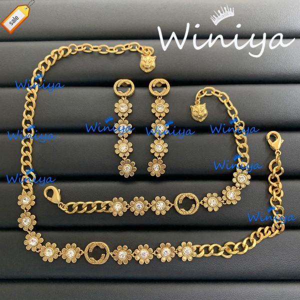

luxury designer necklaces for women g family necklace / gujia new letter diamond inlaid flower neck chain bracelet earrings temperament fash, Silver