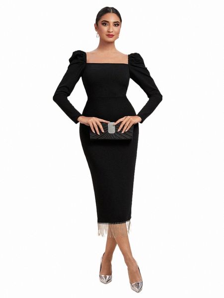 

casual dresses modely square neck fringe hem bodycon dress r49j#, Black;gray