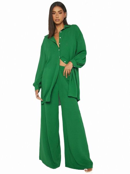 

two piece dress tall drop shoulder shirt & wide leg pants d2rn#, White