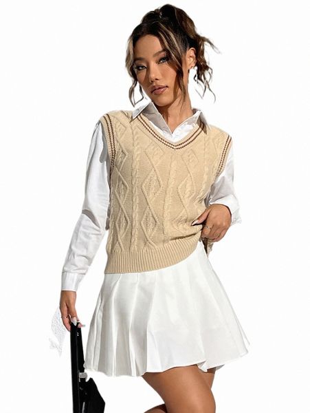 

women's sweaters 1pc cable knit contrast trim sweater vest 20bl#, White;black