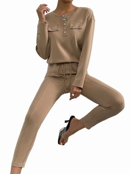 

two piece dress drop shoulder button front tee & pants set v5f2#, White