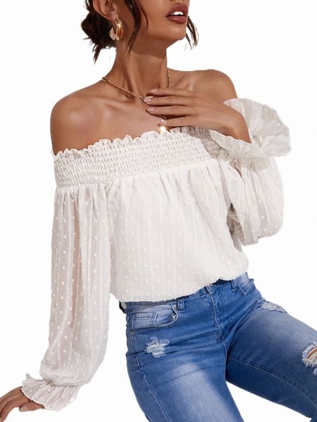 

women's blouses & shirts swiss dot frill trim bardot blouse 80a9#, White